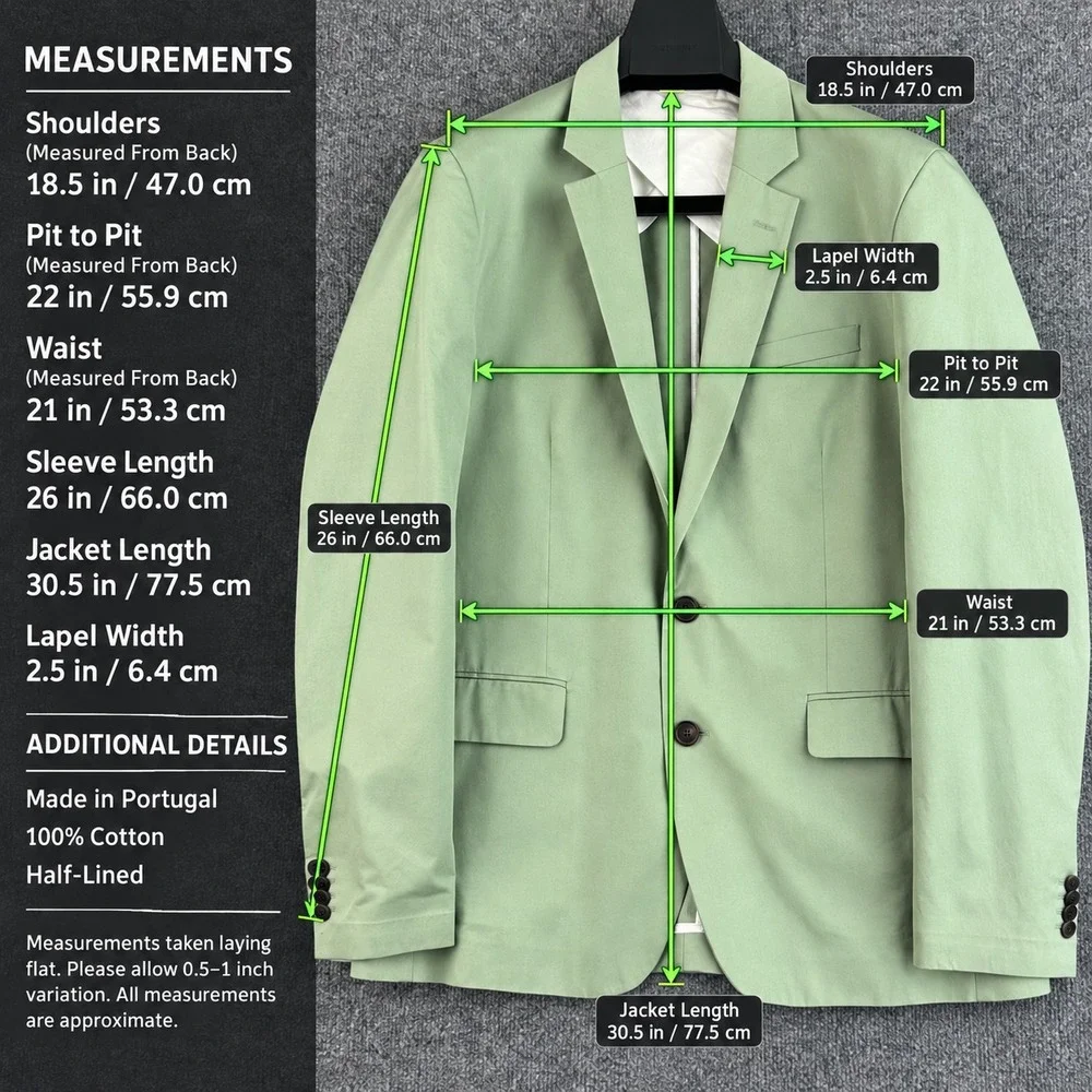 Reiss Pinot B Blazer Mens 42 Sage Green Cotton Sport Coat Made Portugal